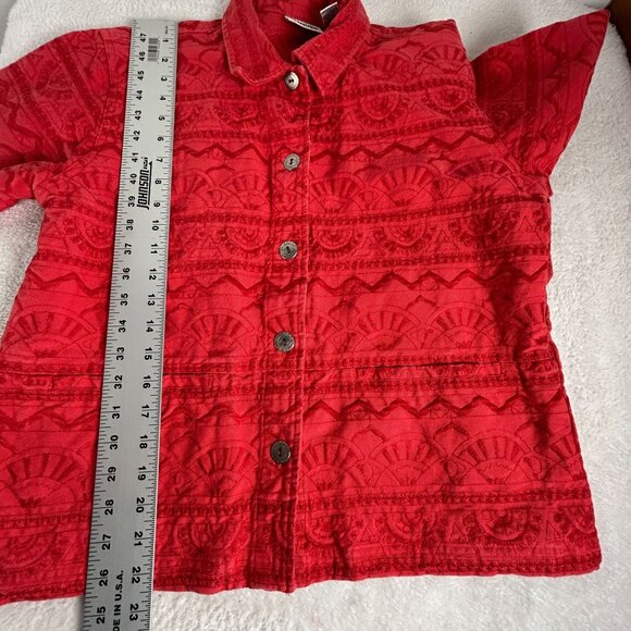 Chico's Design Womens Red Embroidered Cotton Jacket Size 1 Button Front Casual - Picture 8 of 9